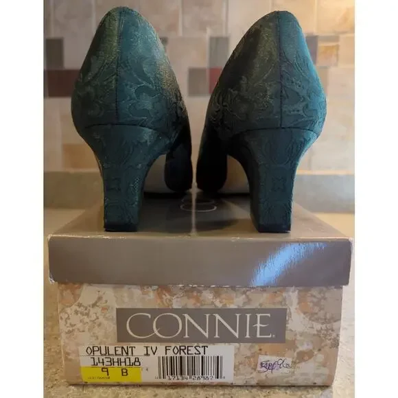 Connie Opulent IV Forest Green Patterned Fabric 2.25" Heels vintage women's Sz 9 - Picture 3 of 8